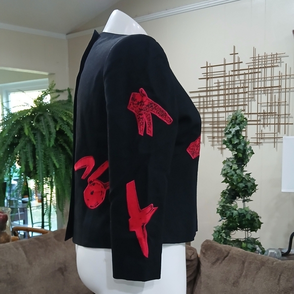 VTG 80’s GENE ROYE Black Top/Jacket Red Abstract Art Deco 100% Silk Fully Lined - Picture 5 of 13